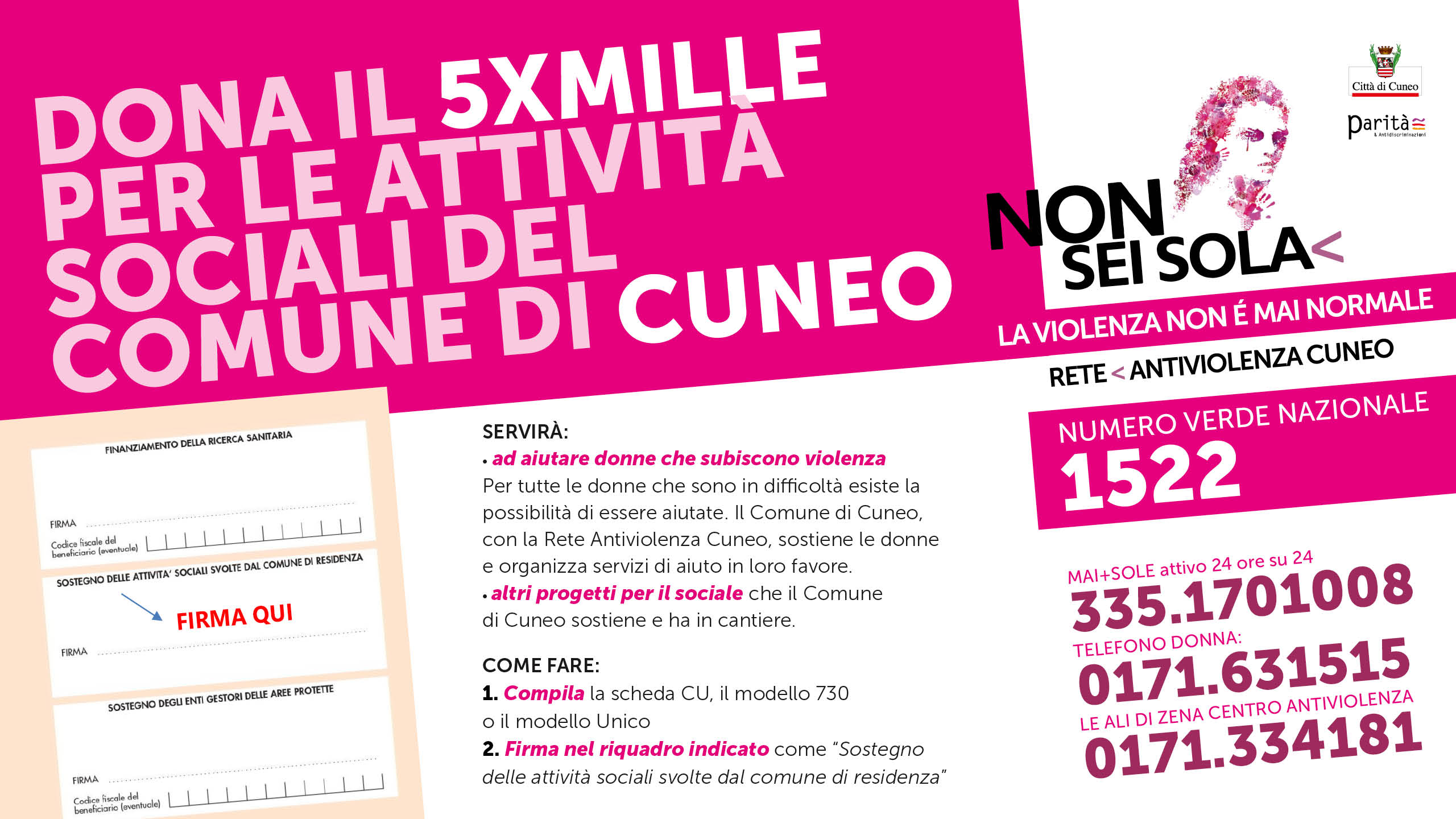 Il 5 per mille al Comune di Cuneo per donne vittime di violenza e contrasto alla povertà