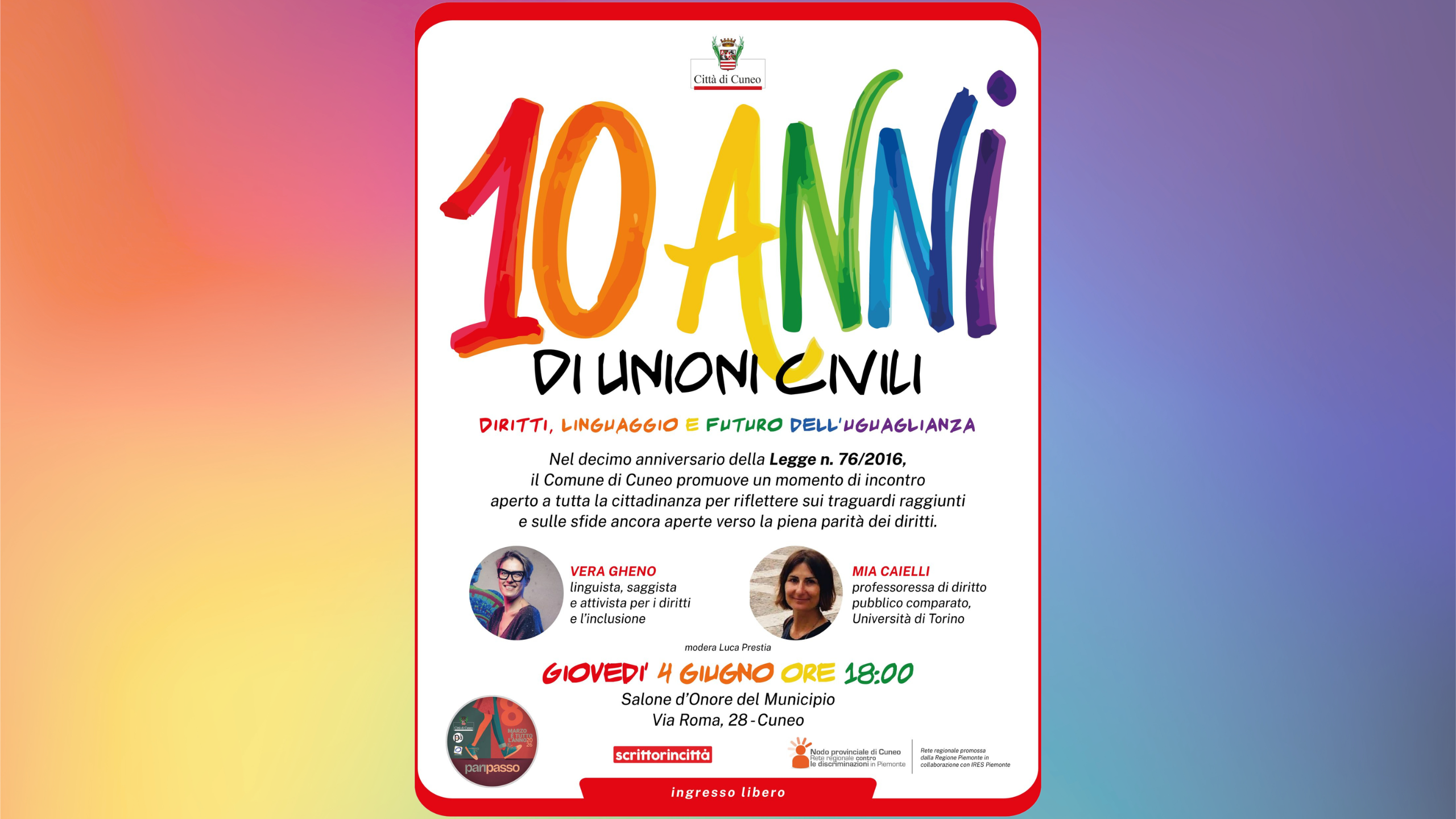 Dieci anni di unioni civili: a Cuneo un incontro su diritti e inclusione